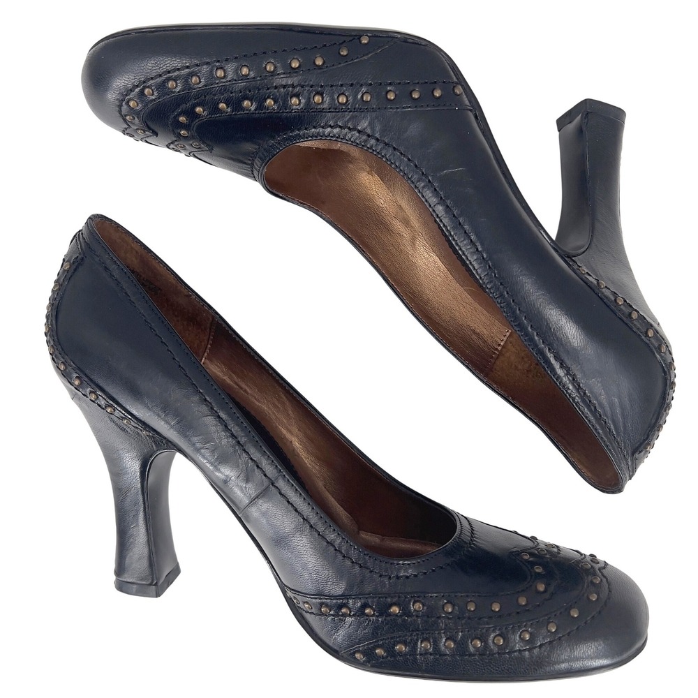 True Meaning Womens Pumps Black Leather Studded Wingtip Brogue Heels Size 7M